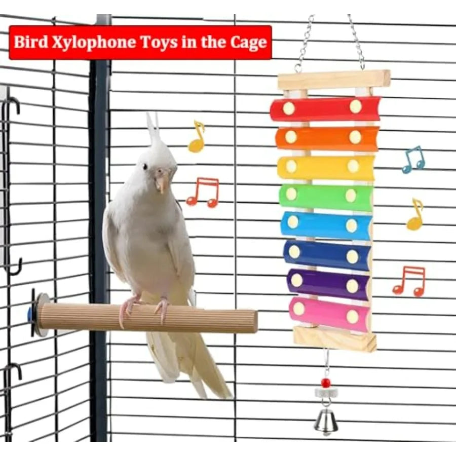 Large Parrot Suspensible Xylophone Toy, Multicolored Natural Wooden Bird Chewing Toys with Grinding Stone for Large, Medium Bir