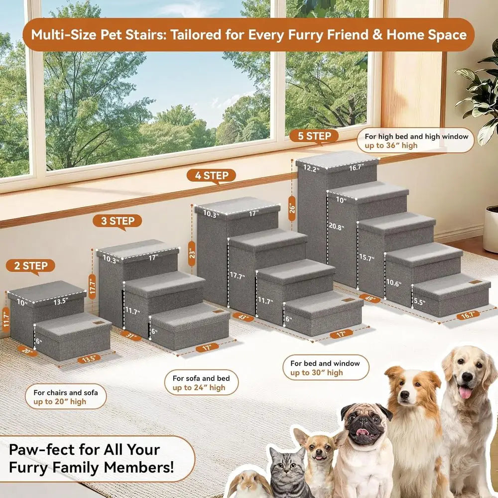 Wider Dog Bed with Storage 18 H, Foldable Dog Stairs, Small Medium Large Older Senior Animal, Sturdy Dog Step, Arthritis-Friendl