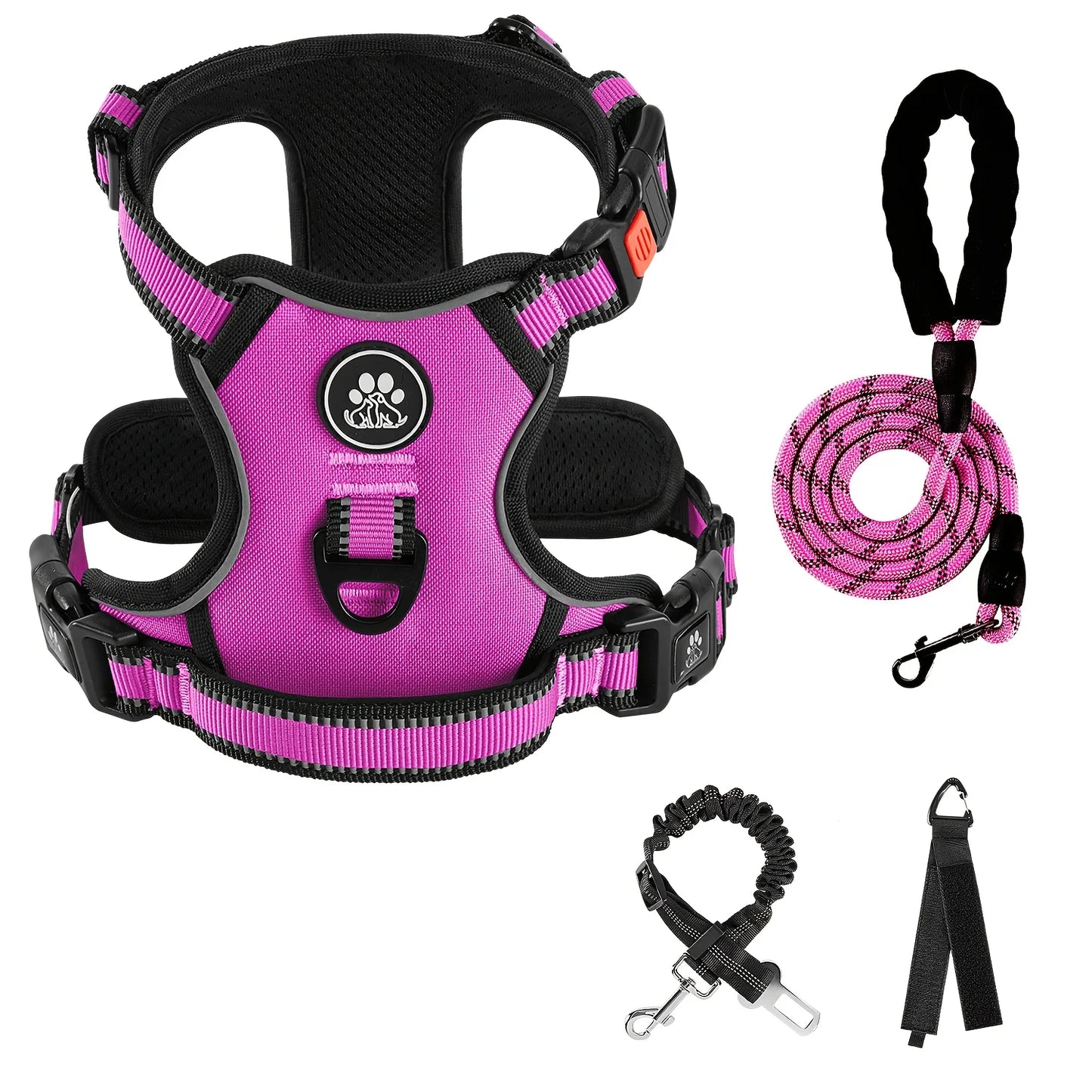 No Pull Dog Harness, Dog Collar, 1 Professional Dog Leash & 1 Retractable Seatbelt & 1 Storage Strap Fully Reflective Adjustable Breathable Dog Harness with Handle, Collar De Perro, No Choke Pet Vest Harness for Small And Lar
