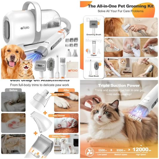 XMSJ 6 In 1 Dog Grooming Kit With Pet Vacuum Clipper Nail Trimmer