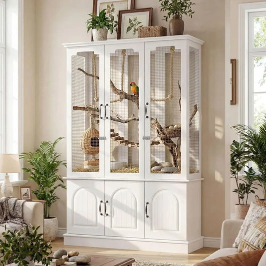 70.8" Tall White Bird Cage with Storage Cabinet, Large light Parrot Cage with Lock and 4-Sided Metal Mesh Design, DIY-riendly, 4