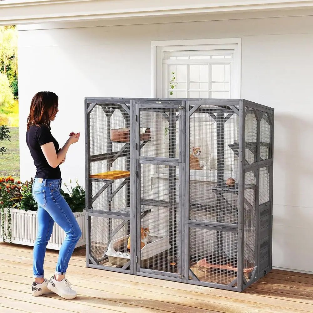 Outdoor Cat Enclosure Large for 1-3 Cats 59 x 28 x 60 Gray | Wooden Cat House, 6 Jumping Platforms, Weatherproof Roof, Outdoor K