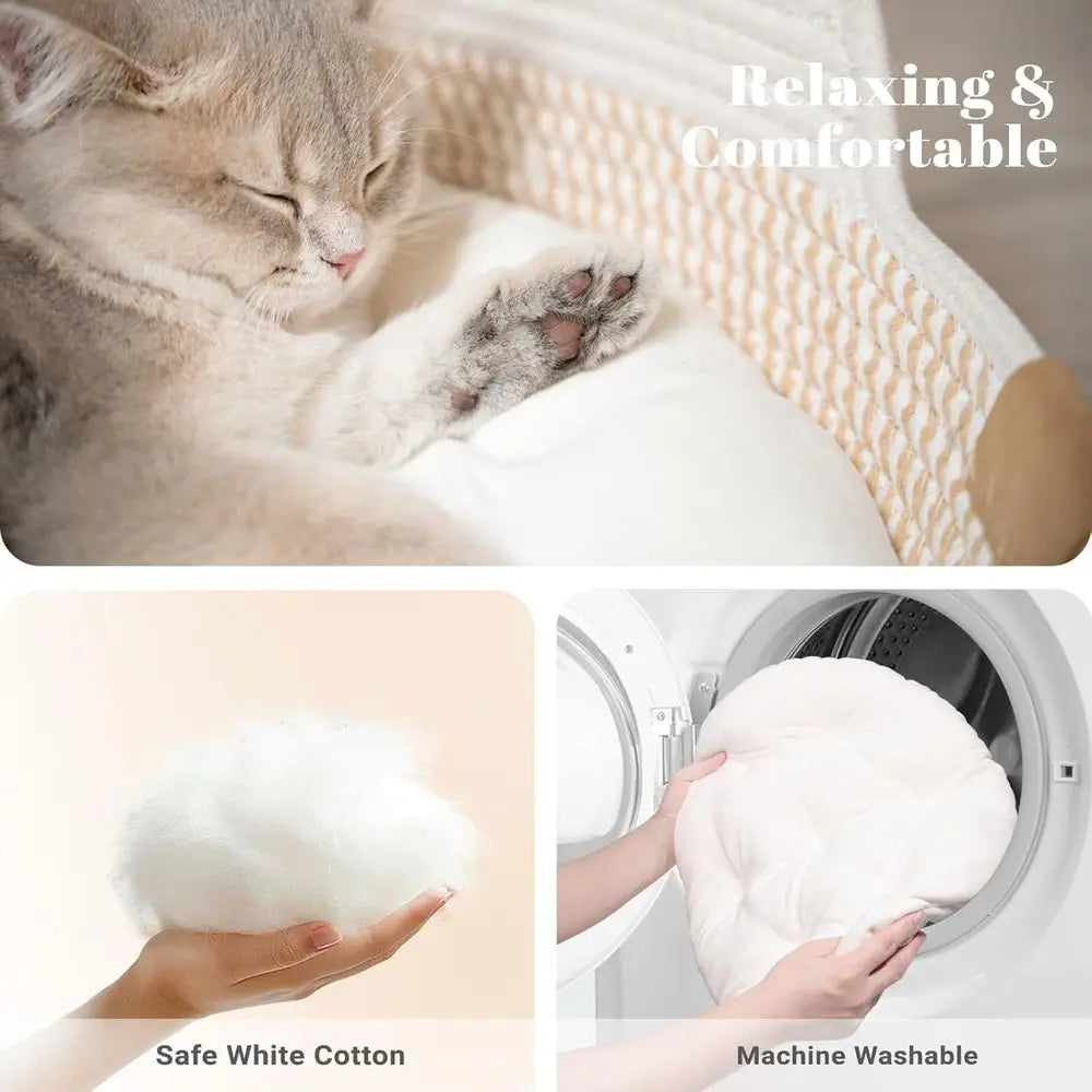 Cat Bed Basket with Cushion, Cotton Rope Woven Pet Bed, Indoor Cats Couch, Stimulicat Handwoven Breathable, All Season (White)