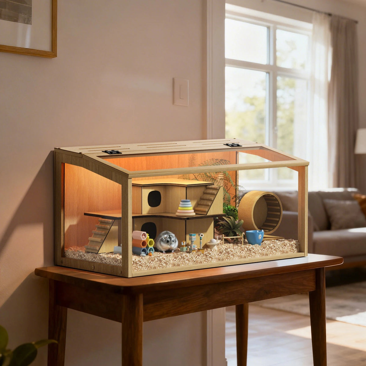 Wooden Hamster Cage With Built In LED Light