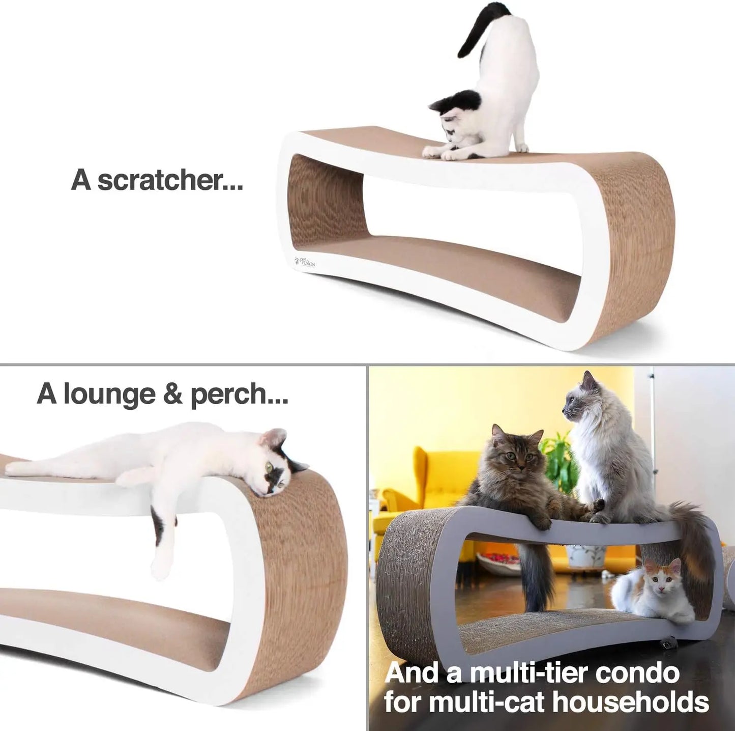 Jumbo Cat Scratcher Lounge, White. 39 x 11 x 14 inch 4 Cardboard Scratching Surfaces and 2 Levels, Scratch, Play, Perch