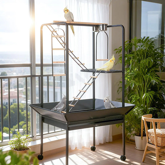 Large 66'' Black Bird Cage Play Center – Perches, Ladders, Rotating Ring, Removable Tray, Lockable Casters – Spacious Detachable Aviary for Macaw, Parakeet, Conure