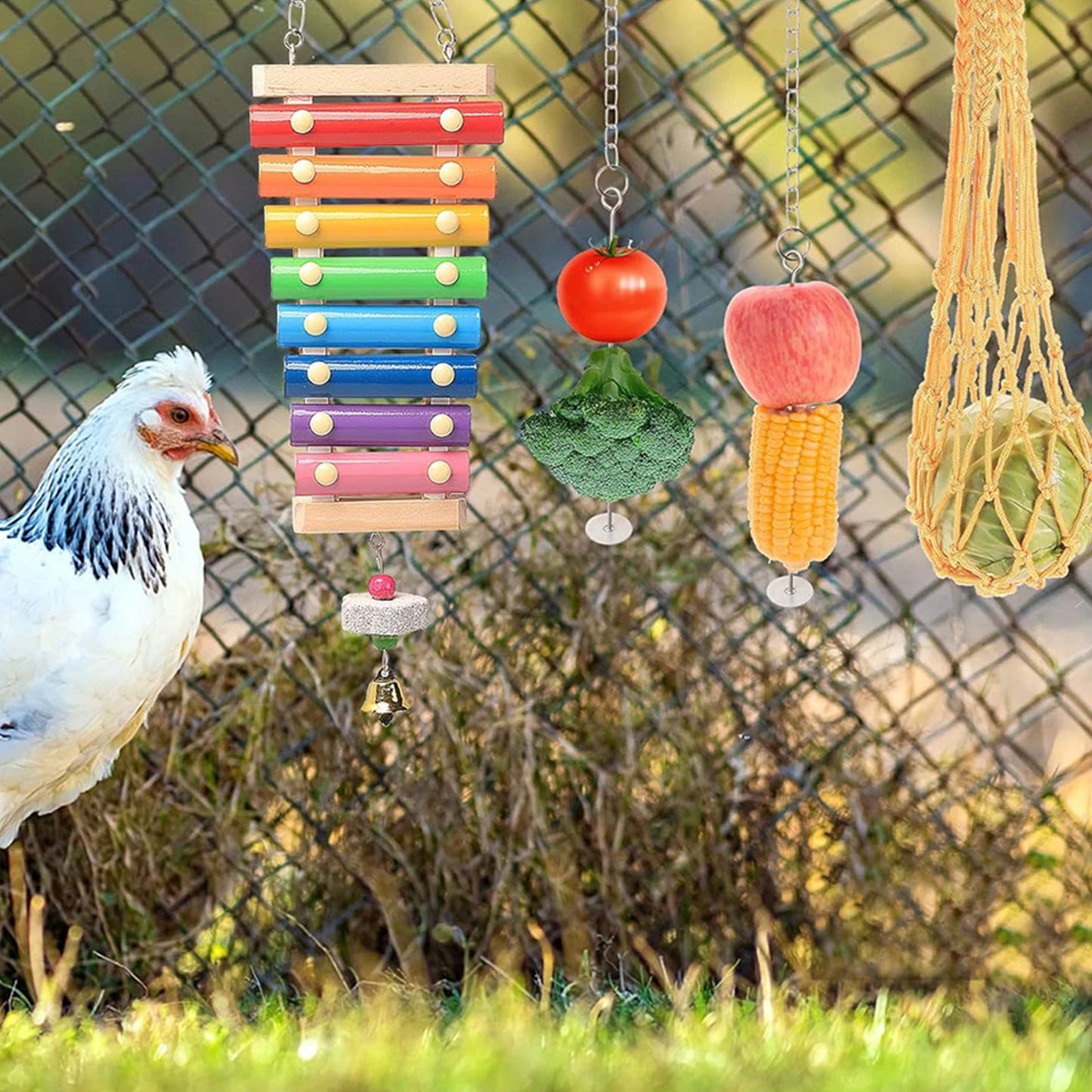 7PCS Chewing Foraging Toy with Wooden Hanging Feeder Chewing Training Toy for Budgerigar Parakeet Conure Cockatiel Mynah