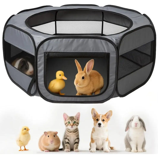 Extra Large Portable Pet Playpen - Waterproof Mesh for Rabbits, Kittens, Guinea Pigs, Hamsters, Puppies - Grey