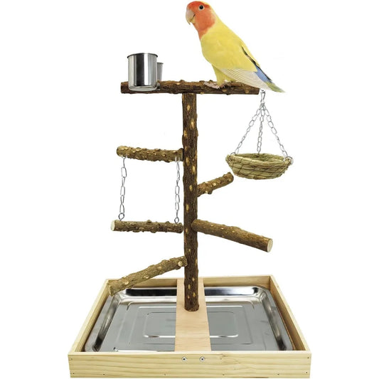 NBVCX Natural Wood Bird Perch Stand With Nest And Cups