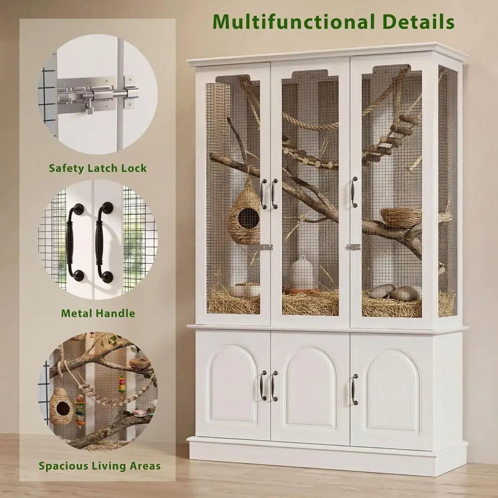 70.8" Tall White Bird Cage with Storage Cabinet, Large light Parrot Cage with Lock and 4-Sided Metal Mesh Design, DIY-riendly, 4