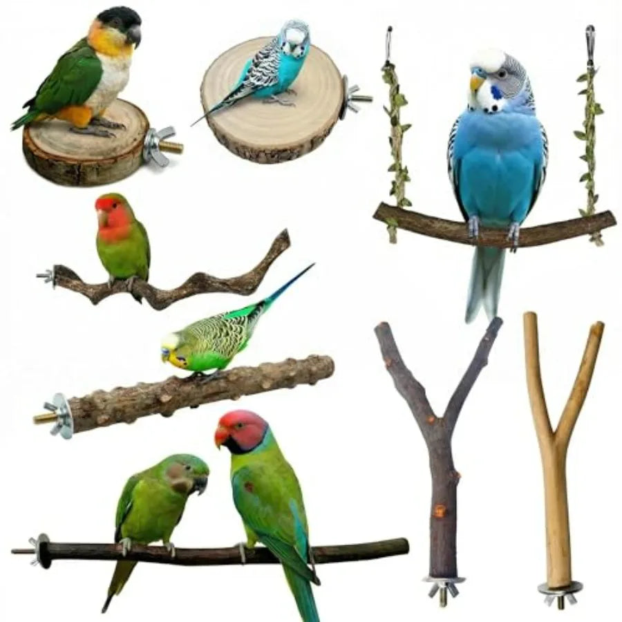 Natural Wood Bird Perches Set For Cages And Parakeets