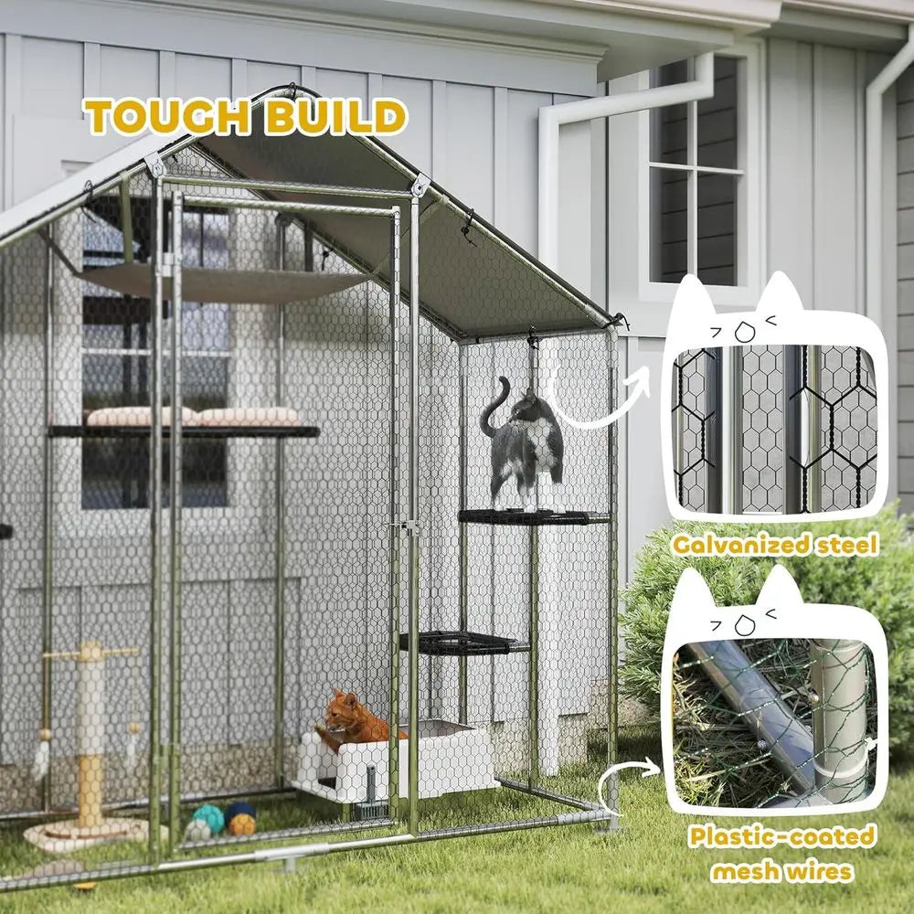 Large Catio Outdoor Cat Enclosure Chicken Coop Pointed Roo | Galvanized Steel Walk-in Cat Patio, Outdoor Kitty Cage, Waterproof