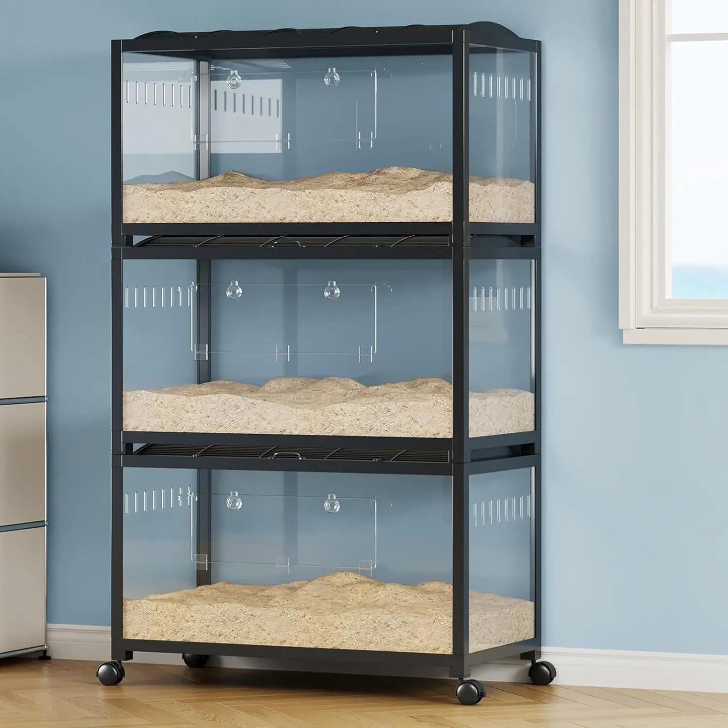 Chew-Proof Metal Hamster Cage - Stackable Small Animal Habitat with Acrylic Panels, Dual Doors, Lift Top, Wheels, Ventilated for Syrian & Dwarf Hamsters, Gerbils, Rats, Guinea Pigs