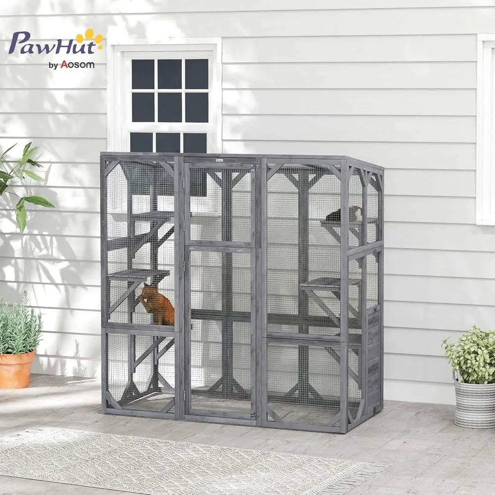 Outdoor Cat Enclosure Large for 1-3 Cats 59 x 28 x 60 Gray | Wooden Cat House, 6 Jumping Platforms, Weatherproof Roof, Outdoor K