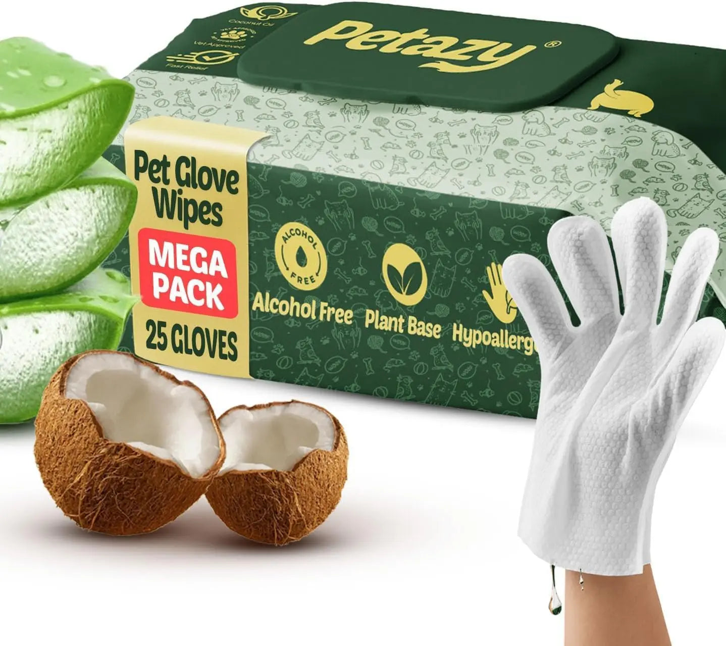 Hypoallergenic Pet Glove Wipes with Aloe & Coconut Oil – 25 Pack for Paws, Face, Ears & Butt, No Rinse Grooming