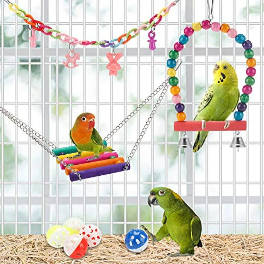 Bird Parakeet Toys - Swing Hanging Standing Chewing Hammock Climbing Ladder Bird Cage Colorful Toys Suitable for Budgerigar, Pa