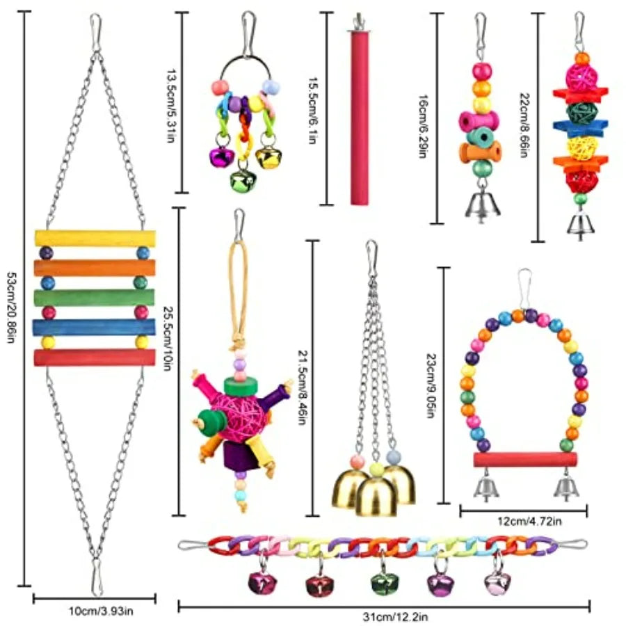 Bird Toys for Conures with Colorful Ladder Hammock Bird Cage Accerious Bird Perch Stand Chewing Toys Hanging Bell for Parrot Pa