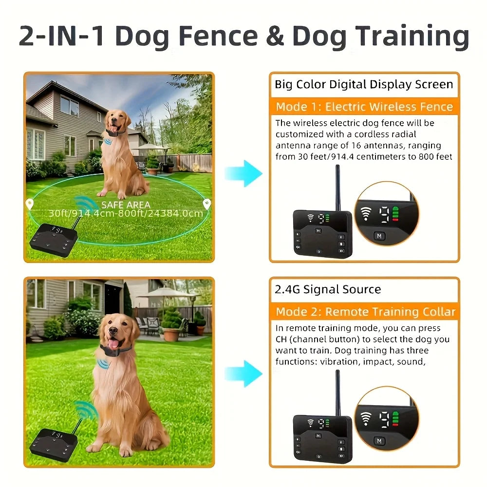 Newly Upgraded Wireless Dog Fence System, Large Capacity Battery, 9 Levels Adjustable Dog Electric Fence And Training Collar with Remote Control for Dog At The Same Time, Wireless Dog Boundary Containment System, Suitable for