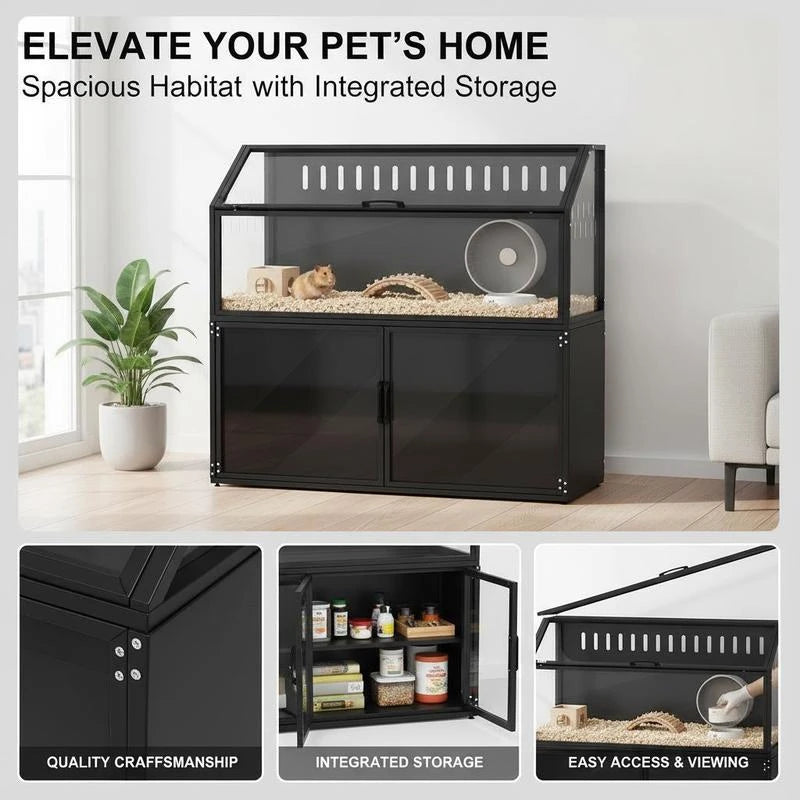 Hamster Cage with Storage Cabinet, Small Animal Cage with Easy View Acrylic Panels and Openable Top, Guinea Pig Habitat