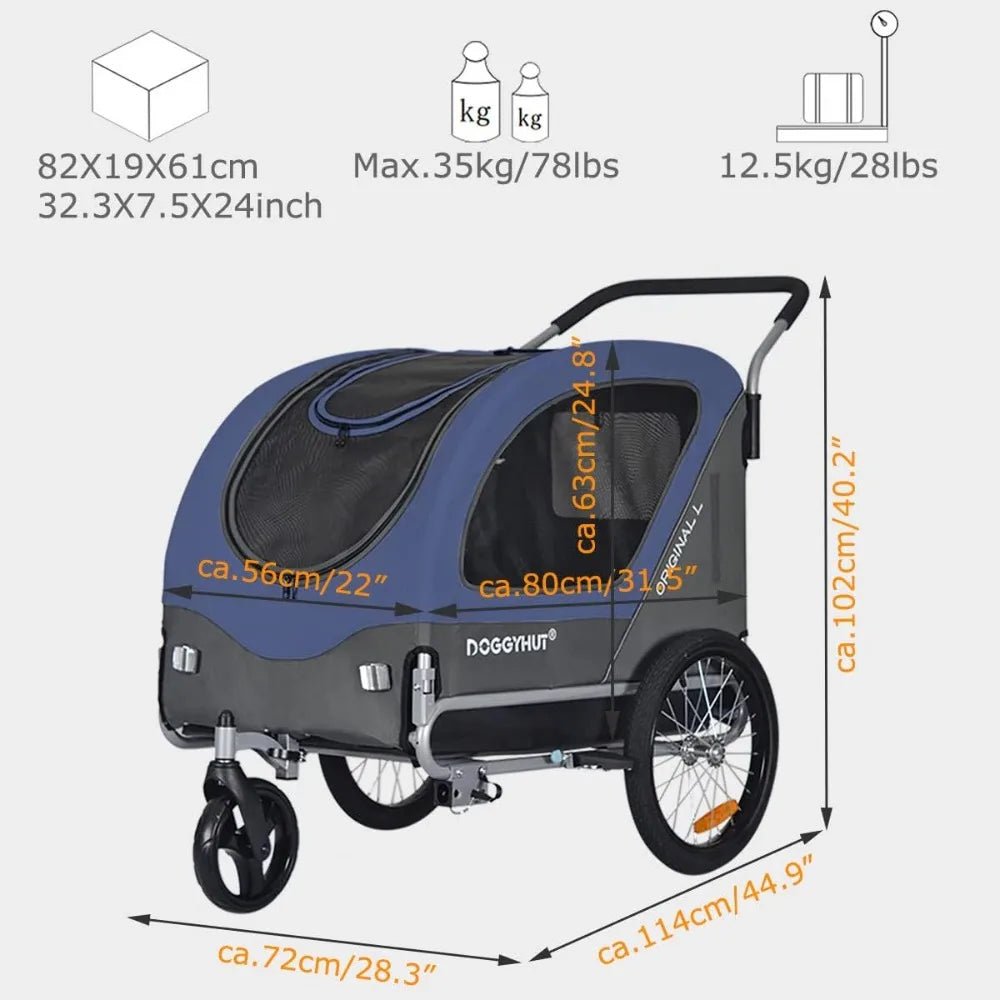 Original Large Pet Bike Trailer & Stroller 2-in-1,for Dogs up to 78 lbs,Parking Brakes,Easy Folding Cart Frame, Quick Release