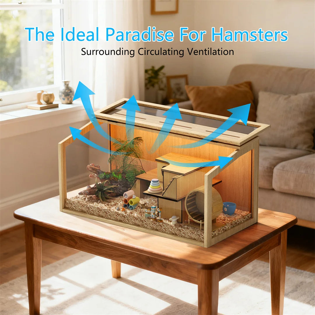 Large Natural Wooden Hamster Cage with Glass Panels, LED Light, Chew-Proof Indoor Habitat for Small Pets