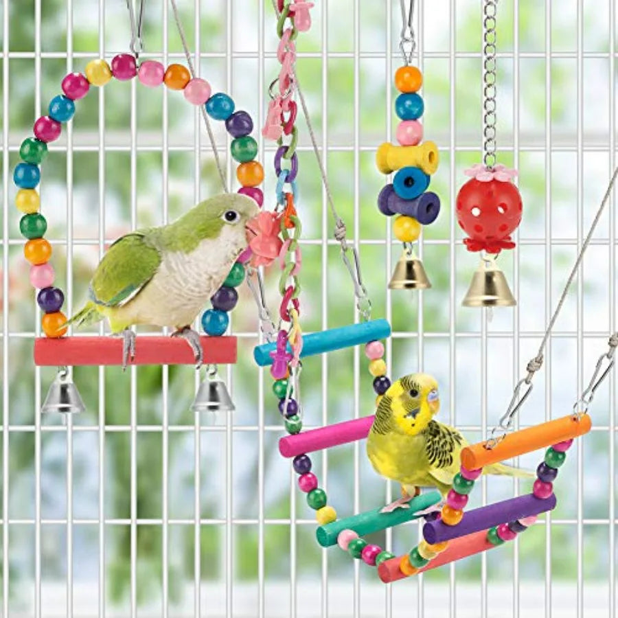 Bird Parakeet Toys - Swing Hanging Standing Chewing Hammock Climbing Ladder Bird Cage Colorful Toys Suitable for Budgerigar, Pa