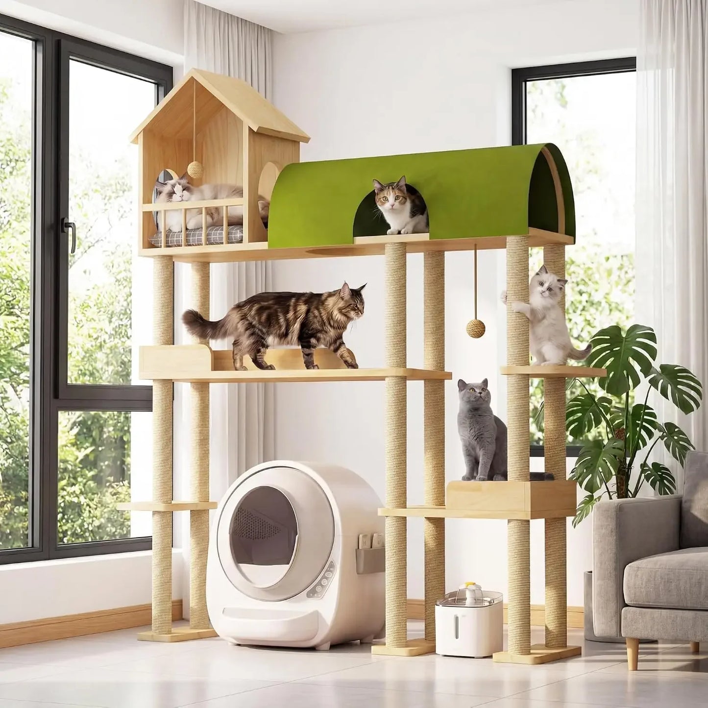 60in Solid Wood Cat Tower for Heavy Cats, Space-Saving with Litter Box Area, Multi-Level for Indoor Multi-Pet Homes