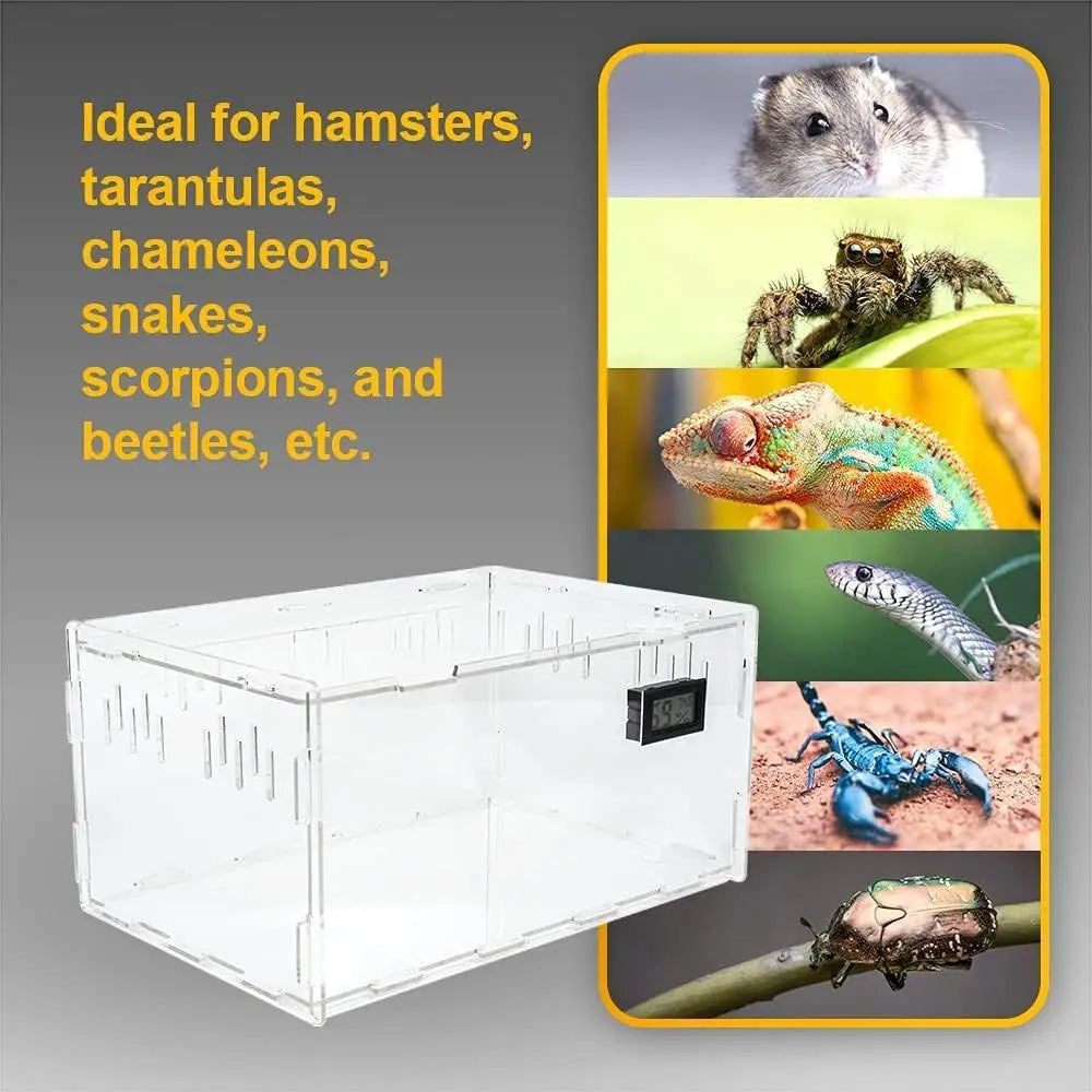 Acrylic Terrarium Tank for Reptile Breeding with Temperature and Humidity Gauge (15.3x9.7x7.6)