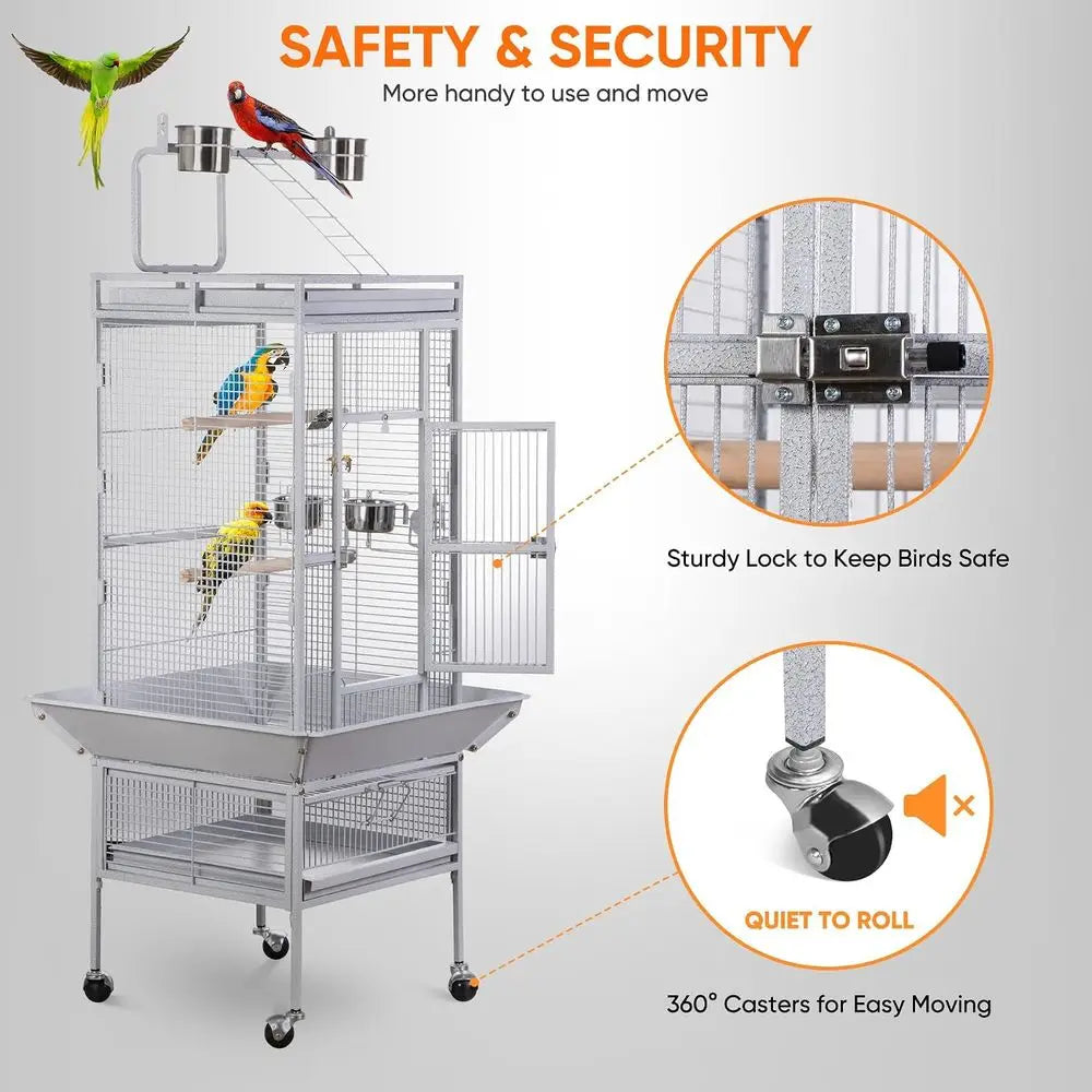 61-inch Large Parrot Cockatiel Bird Cages with Wrought Iron Play Top, Aviary with Rolling Stand or Sun ParaConure Lovebird Budgi
