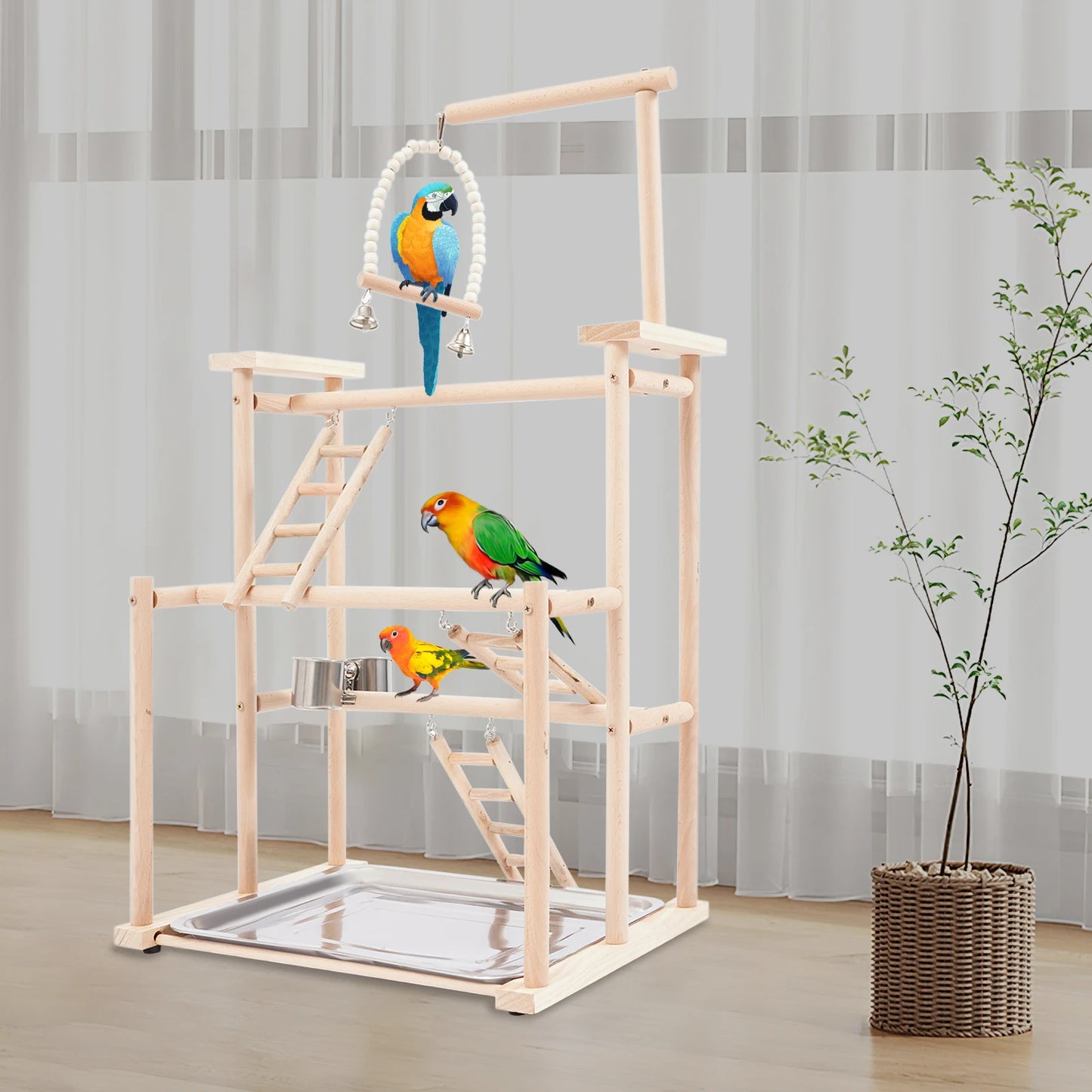 Multi-Function 3-Tier Parrot Stand Beech Wood Space-Saving Feeding Bowl&Water Cup For Pet Lovers Office Living Room