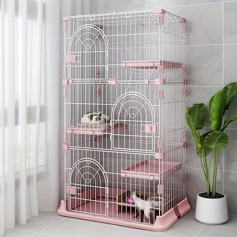 64-Inch 4-Tier Wire Cat Playpen, Spacious Catios for 1-3 Cats, Pink Cat Crate Featuring 3 Platforms, 3 Front Doors, And 2 Ramp Ladders