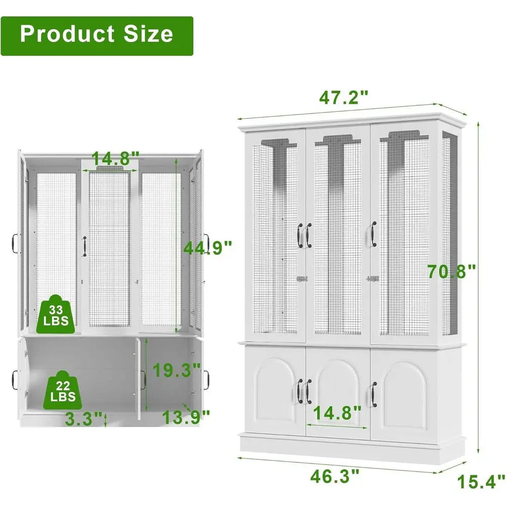 70.8" Tall White Bird Cage with Storage Cabinet, Large light Parrot Cage with Lock and 4-Sided Metal Mesh Design, DIY-riendly, 4