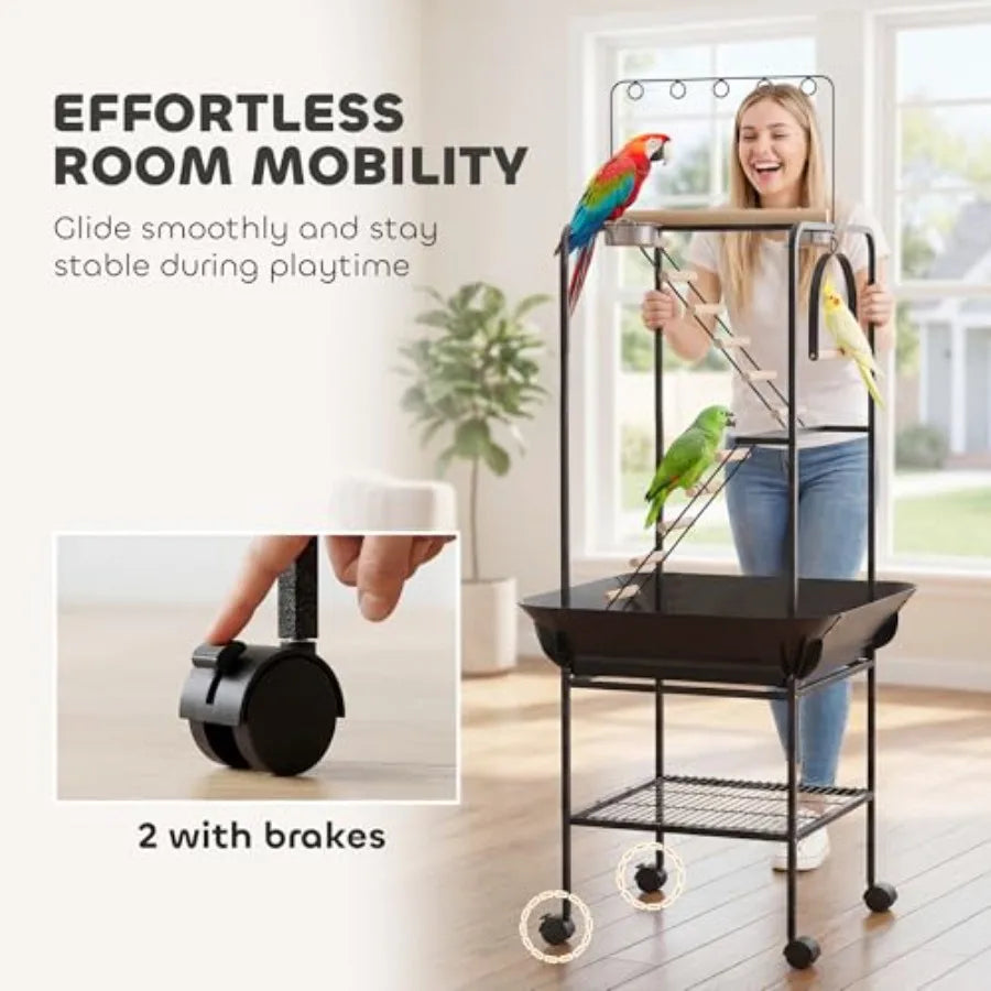 Rolling Bird Stand Parrot Playstand With Seed Guard Wheels