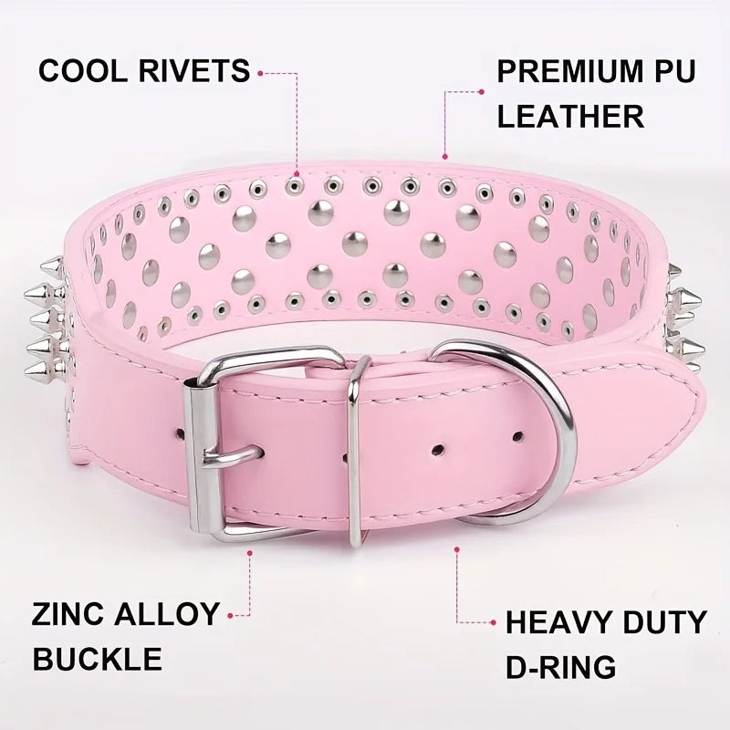 Wide Golden Spiked Dog Collar, Epesiri Dog Chain Collars, Mushroom Rivet Faux Leather Dog Collars, Adjustable Durable Spike Studded Pet Collar for Pitbull Mastiff Bulldog Pugs Husky Rottweiler