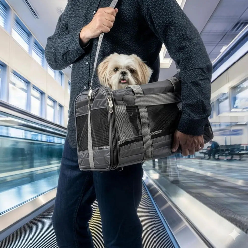Pet Carrier Airline Approved with Spring Wire Frame - Cat & Dog Carrier for In-Cabin Travel, Mesh Ventilation, Locking Zippers -