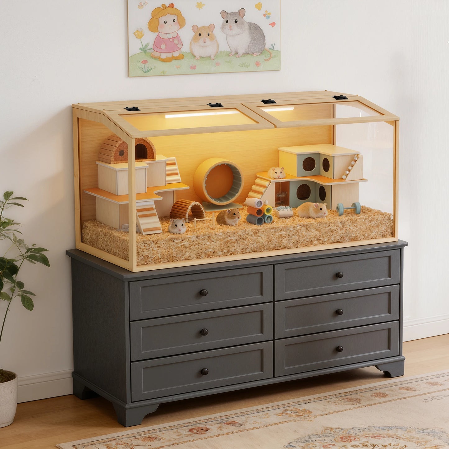 Large Natural Wooden Hamster Cage with Glass Panels, LED Light, Chew-Proof Indoor Habitat for Small Pets