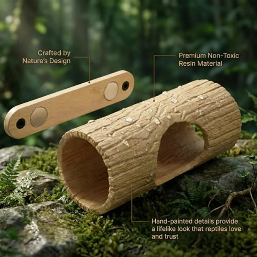 Magnetic Reptile Hide Cave, Plastic Tree Trunk Gecko Hide with Strong Magnetic Mount, Reptile Hide for Crested Gecko Tank Acces