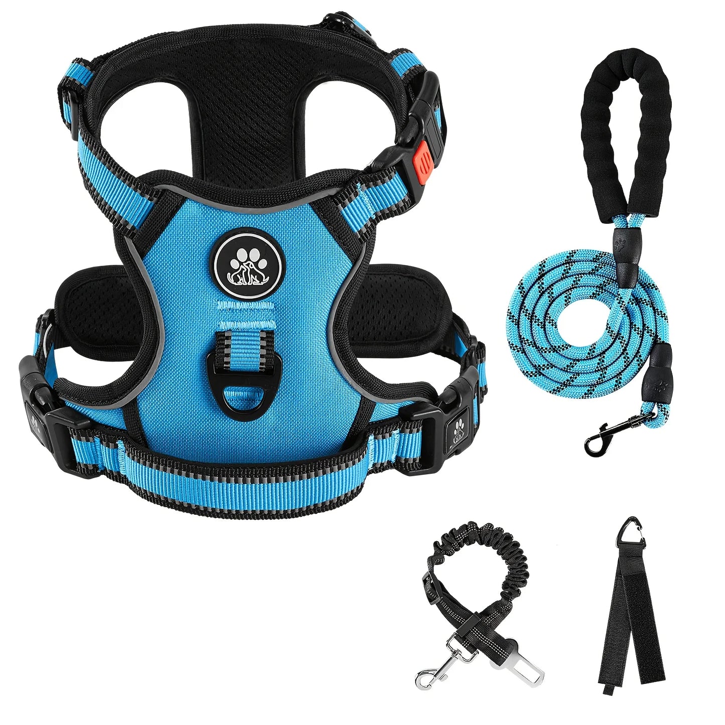 No Pull Dog Harness, Dog Collar, 1 Professional Dog Leash & 1 Retractable Seatbelt & 1 Storage Strap Fully Reflective Adjustable Breathable Dog Harness with Handle, Collar De Perro, No Choke Pet Vest Harness for Small And Lar