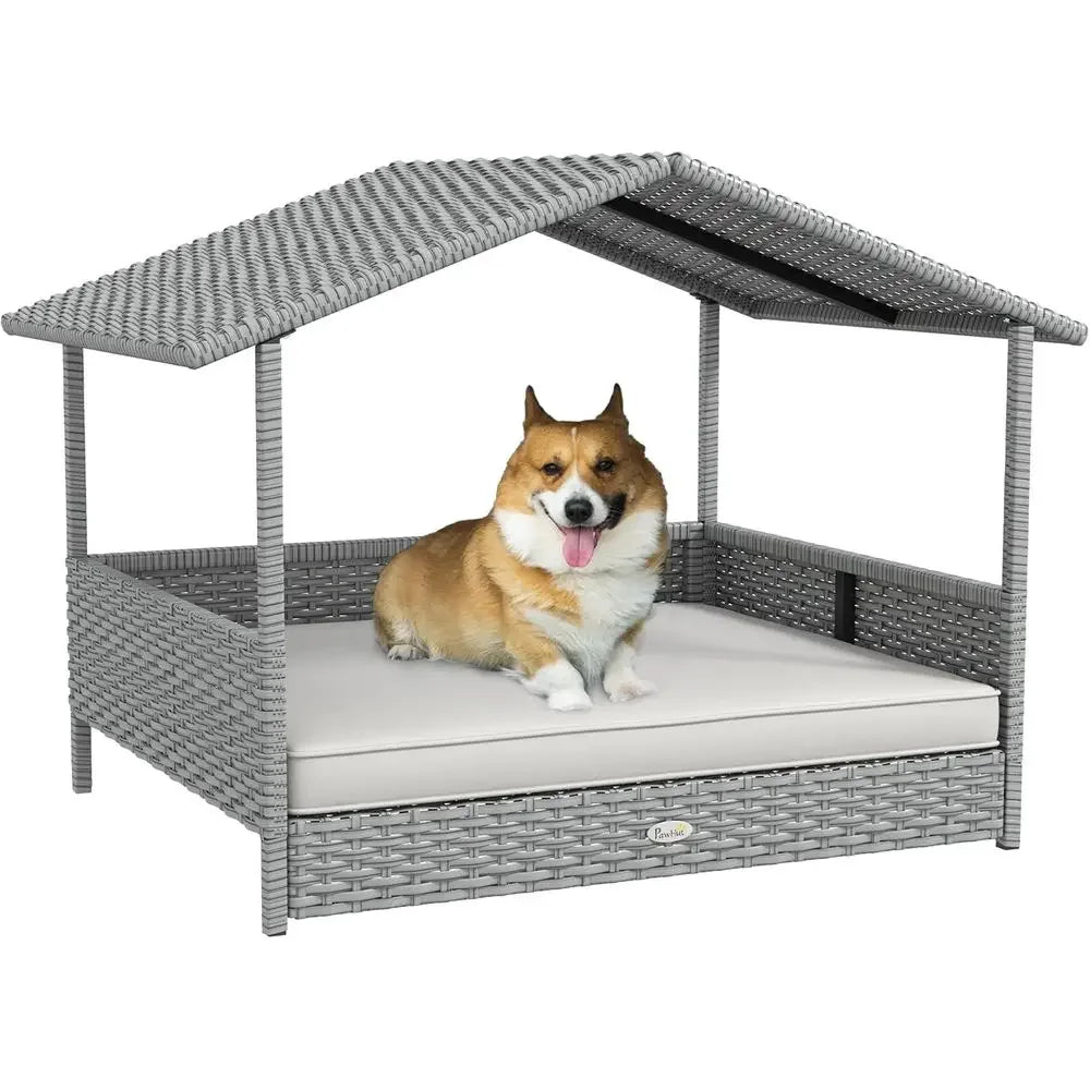 Outdoor Wicker Dog House with Rattan Bed and Waterproof Cushion for Small to Medium Dogs up to 66 lbs, 20 Length, Silver and Whi