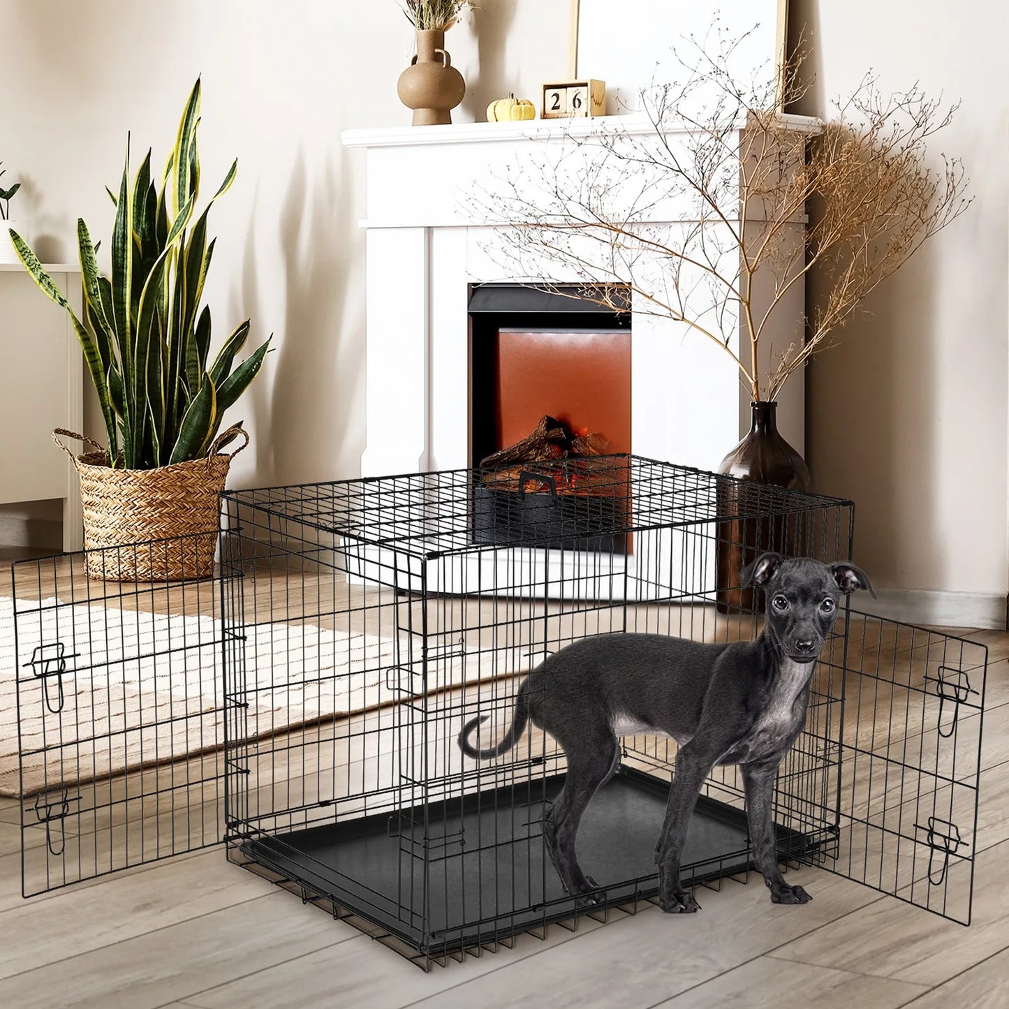 MCQ Dog Crate with Divider, Single/Double Door Folding Wire Dog Crate with Plastic Leak Tray, Indoor, Outdoor, Travel Kennel, 5 Sizes for Large/Medium/Small Dogs