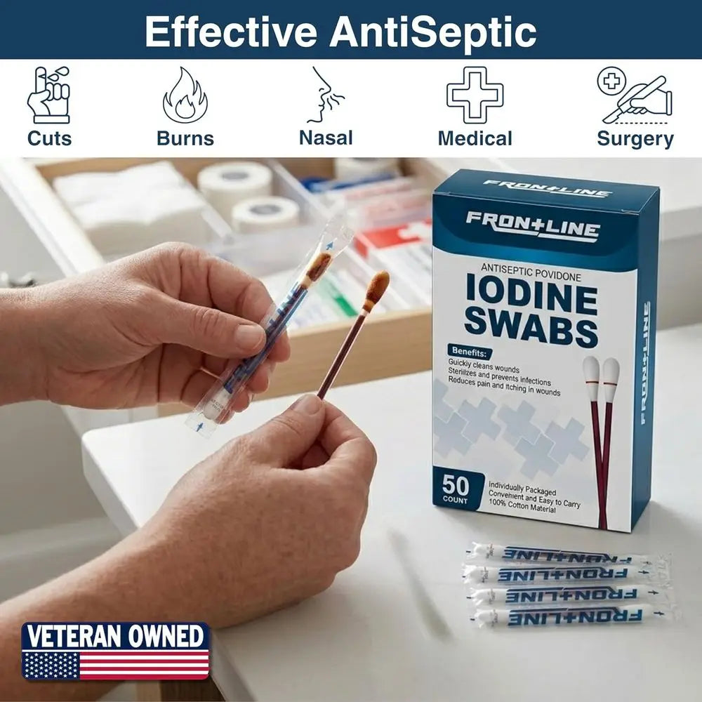 Povidone Iodine Swabs, 10% Iodine Antiseptic Solution, Cotton Swabsticks, Wound Care, Nasal Cleansing, First Aid & Medical Suppl