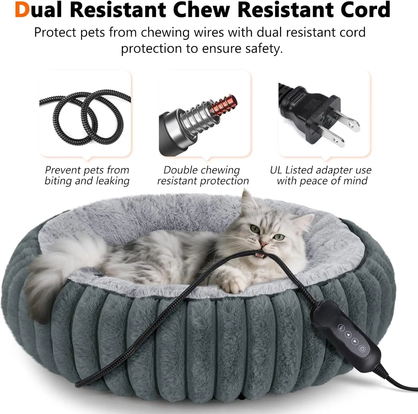 Heated Pet Bed for Cats & Small Dogs, 20" Donut Shape with Timer & Adjustable Temperature, Waterproof Electric Warming Bed