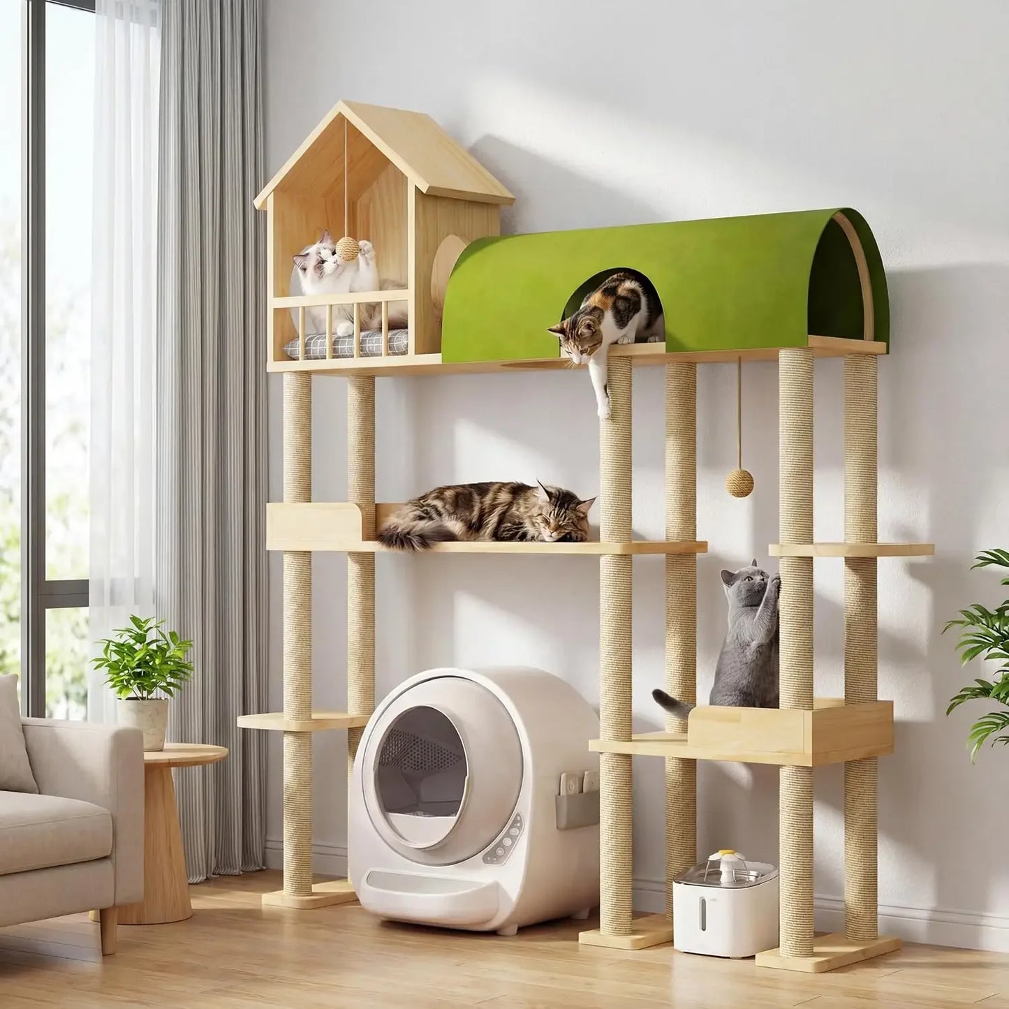 60in Solid Wood Cat Tower for Heavy Cats, Space-Saving with Litter Box Area, Multi-Level for Indoor Multi-Pet Homes