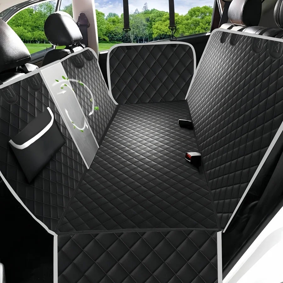 Durable Nylon Dog Car Seat Cover with Mesh Windows & Storage Pockets, Scratchproof & Non-Slip Pet Hammock, Universal Fit for Cars, Trucks, SUVs - Black with Green Leaf Design, Pet Car Accessorie