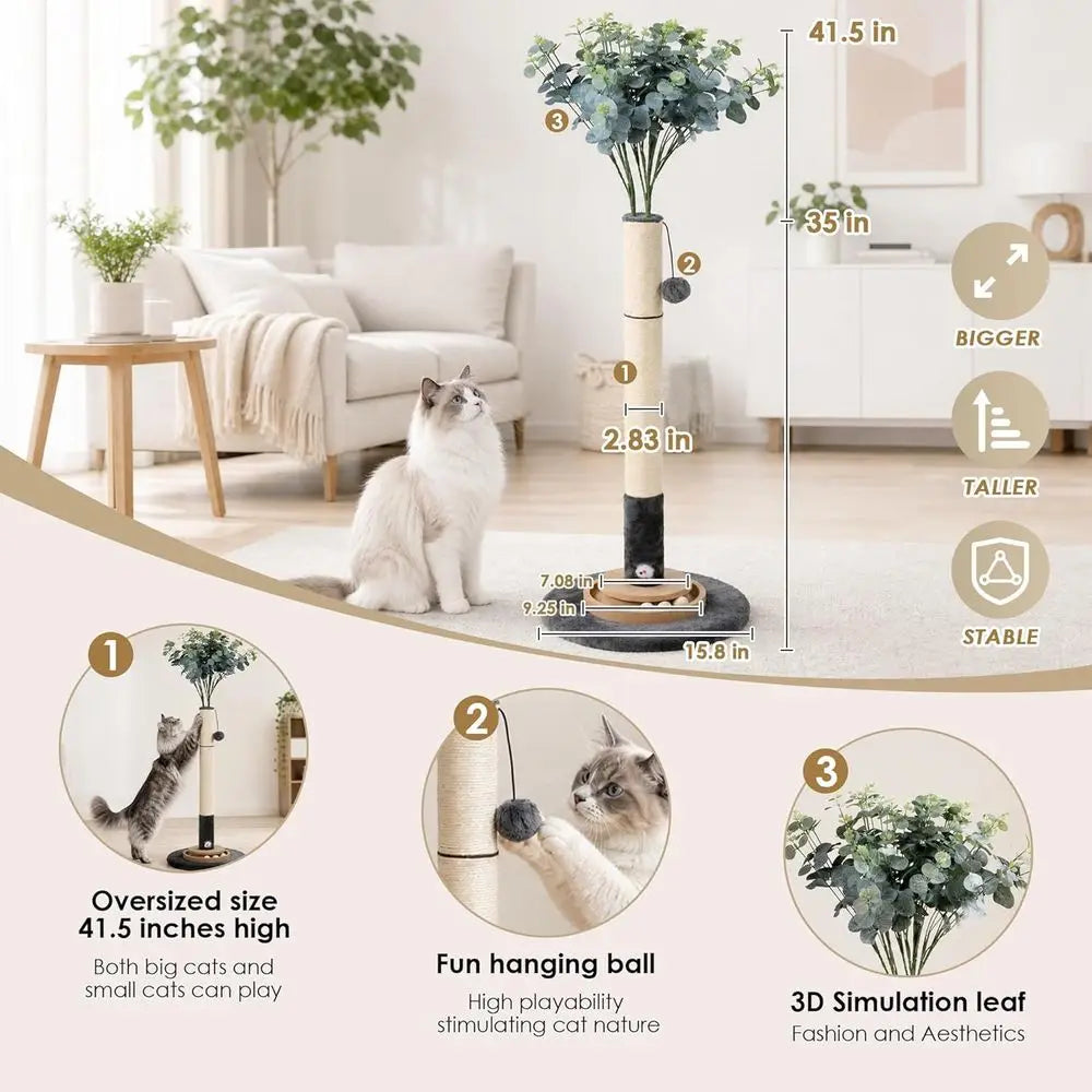 35 Inch Cat Scratching Post, Eucalyptus Sisal Rope Cat Tree Tower with Hanging Ball & Interactive Mouse Toy, Durable Scratcher f