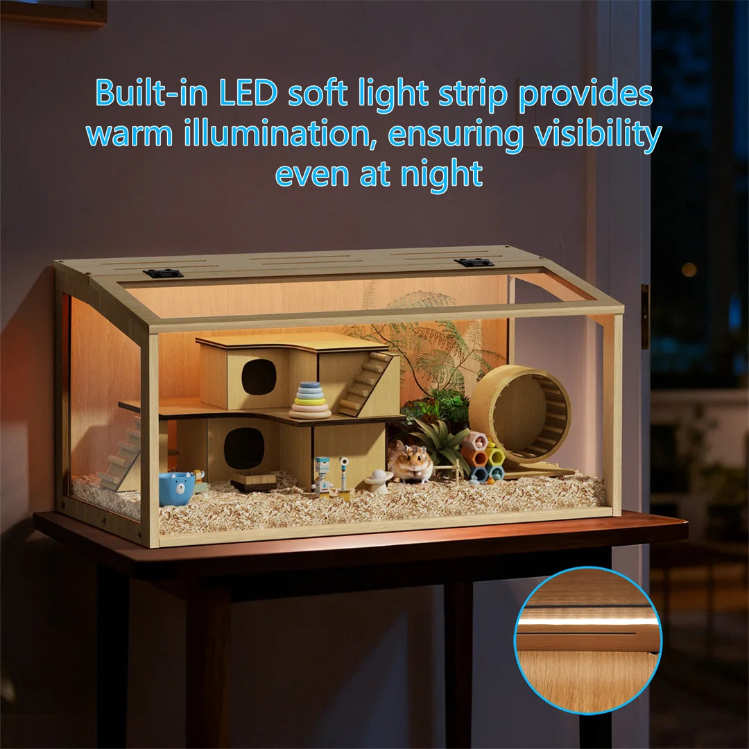 Large Natural Wooden Hamster Cage with Glass Panels, LED Light, Chew-Proof Indoor Habitat for Small Pets