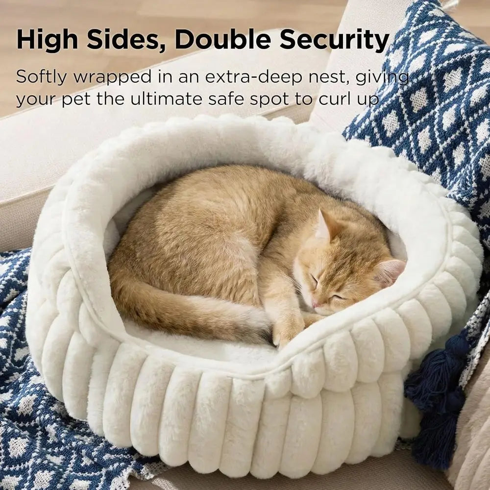 Washable Round Cute Pet Beds Indoor Cats, Super Soft Corduroy Kitten Bed with Anti-Slip Bottom, 20''x20''x8'', Cream