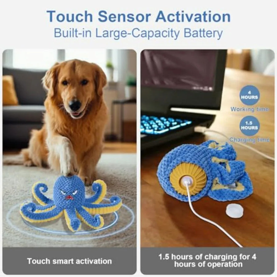 Interactive Dog Toys Octopus, Durable Automatic Jumping Dog Toy to Keep Them Busy, Squeaky Moving Tug of War Doggie Toy, USB Re