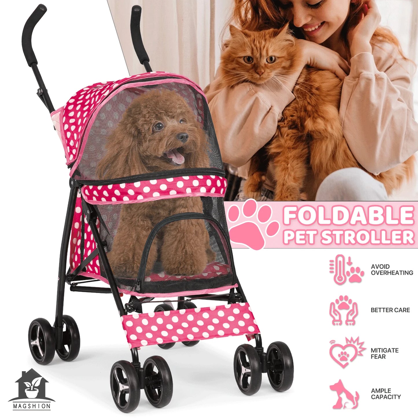 Magshion 4 Wheels Pet Dog Cat Stroller for Small Medium Dogs Cats, Foldable Jogger Stroller w/Storage Basket and Cup Holder