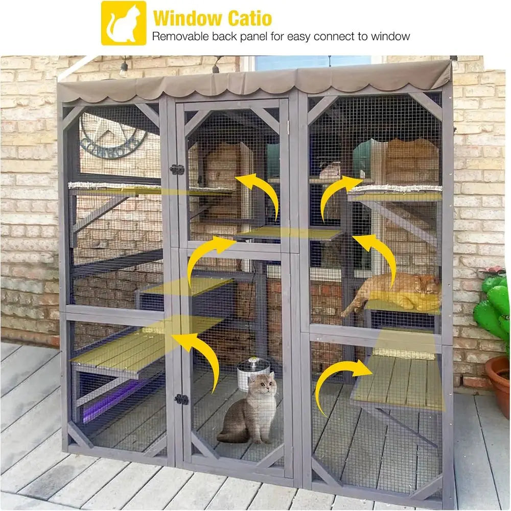 5-Level Walk-in Cat House | Outdoor Enclosure with Window, Reinforced, Waterproof Cover, Multiple Climbing Platforms